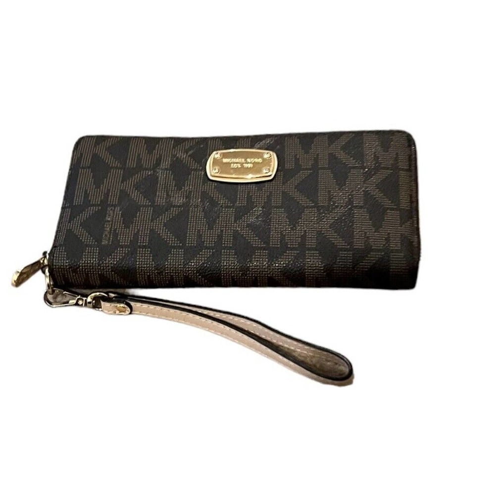 Michael Kors Brown Black Leather MK Print Full Zip Wallet Wristlet Card Holder
